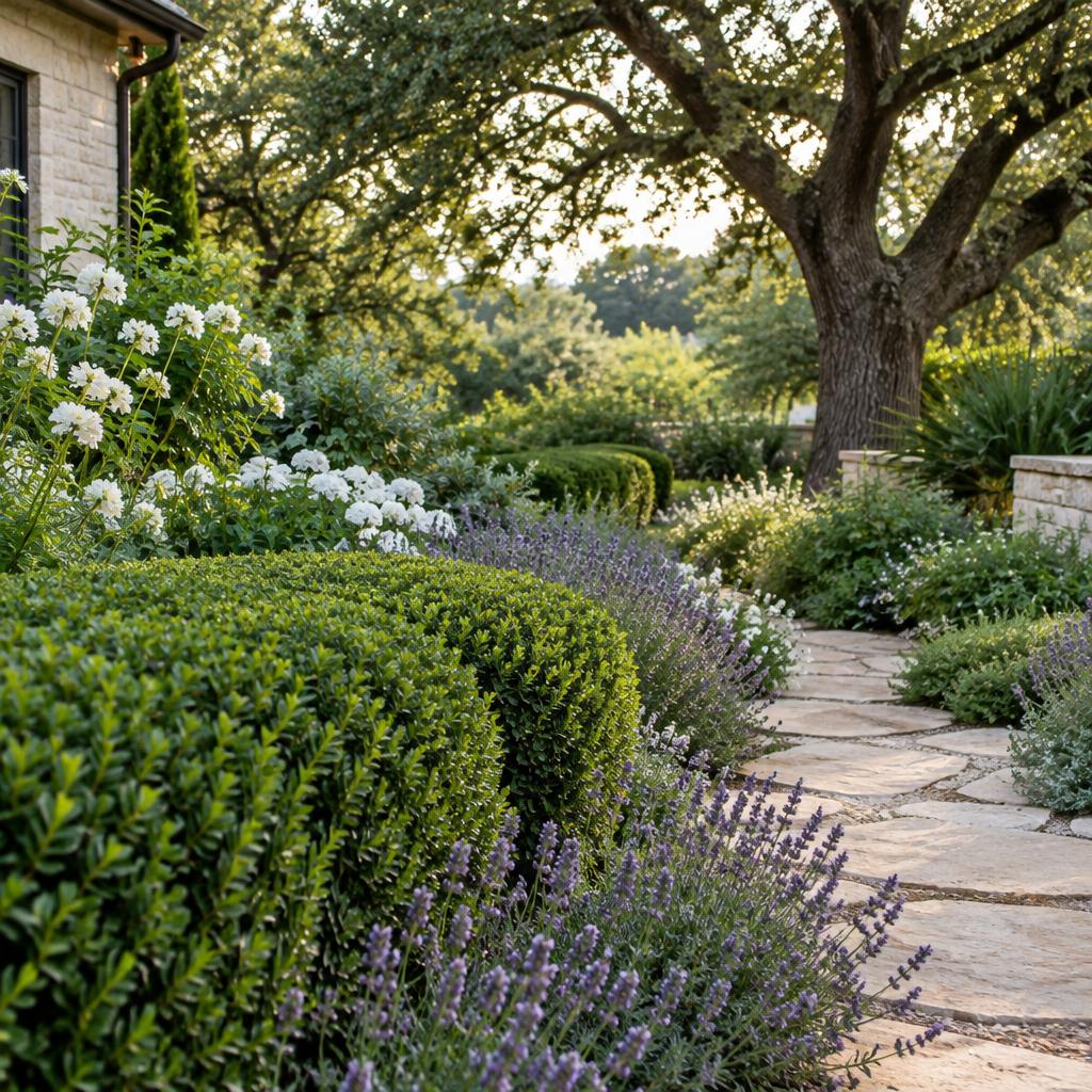 Placeholder: layered garden beds along a limestone pathway